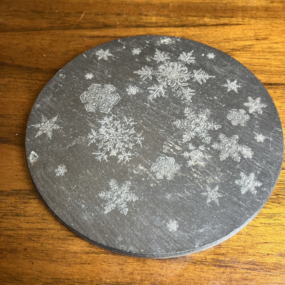 Laser Etched Snowflakes On Round Slate Coaster Tray Made In Vermont Winter Decor